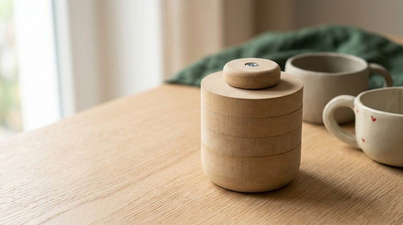 Überform mit zwei fertigen Keramikbechern auf einem hellen Holztisch