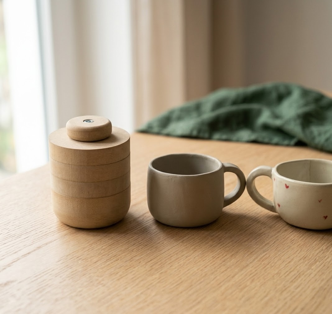 Überform mit Keramikbechern auf einem Holztisch